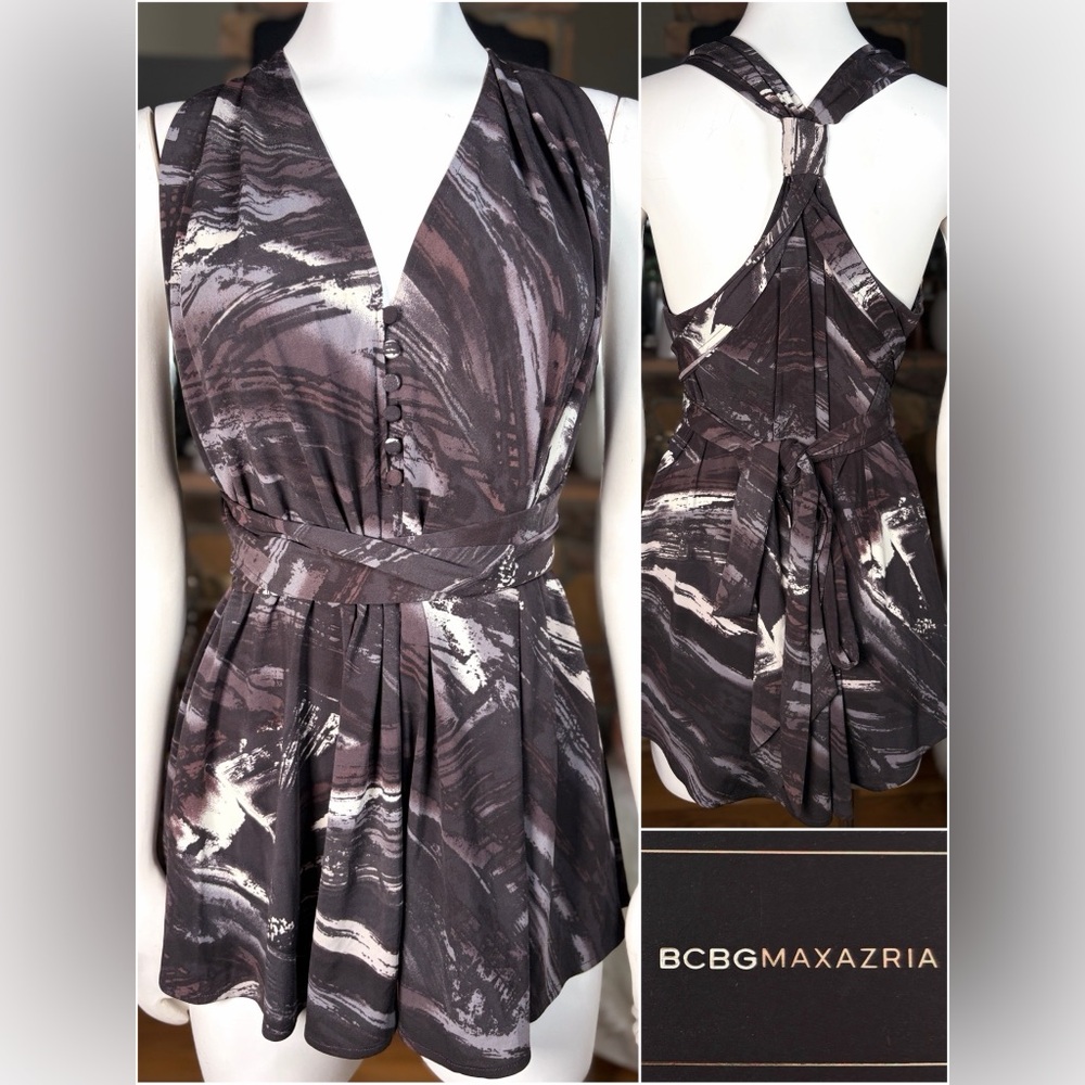 BCBG Max Azria Brown/Black Sleeveless Racerback Vneck Button Belted Top Sz XS